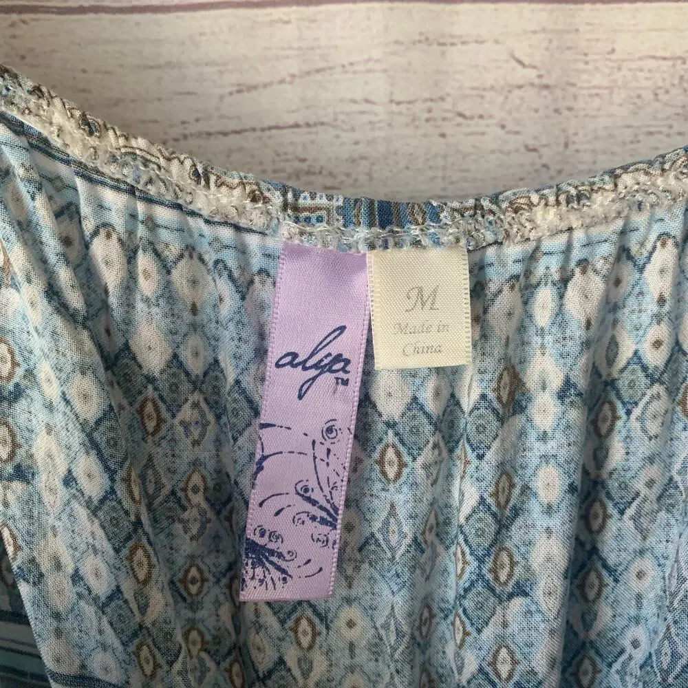 Alya Blue and Cream Paisley Medallion Romper with Crochet Lace Trim Size M